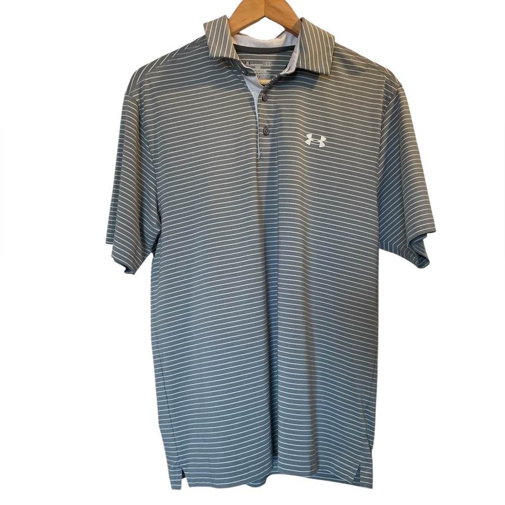 UNDER ARMOUR HeatGear Gray/White Striped Polo-Style Short Sleeve Shirt - Large